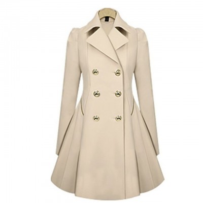 Fold Over Collar Plain Spring Jacket Trench Coat Women Blue